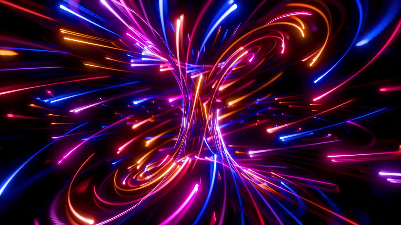 Colorful Neon Light Trails Swirling in Vortex Motion Loop. 3D rendering