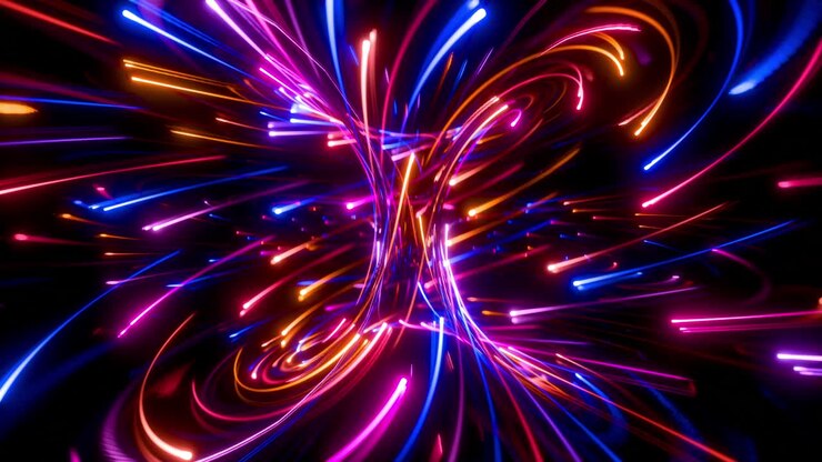 Rastros de luzes neon coloridas girando em loop de movimento em vórtice. Renderização 3D
