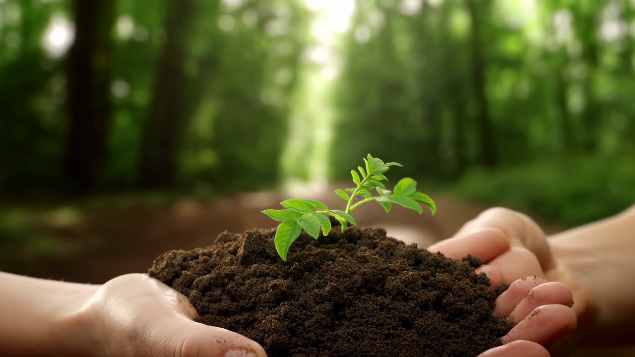 Hands Holding Seedling In Forest, Volunteer Conservationist Cradling Rich Soil And Young Green Sprout, Soft