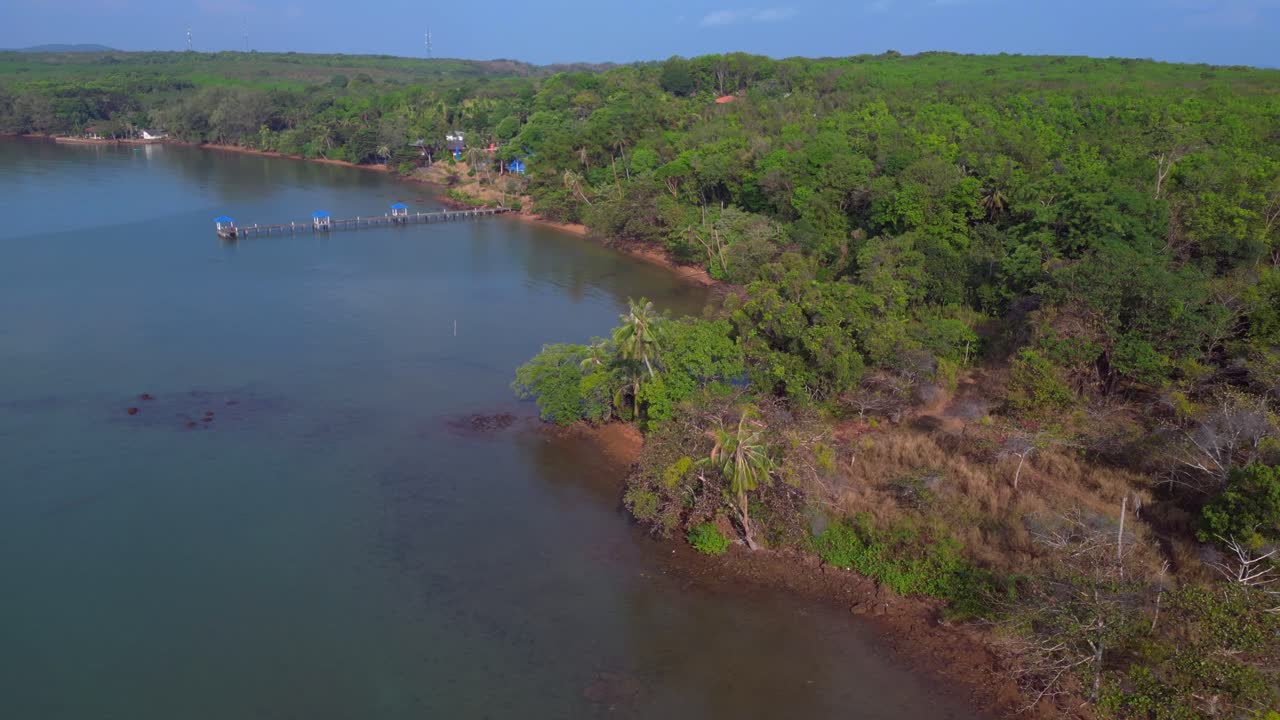 Lush vegetation covering tropical island coast meeting calm ocean water and small sandy beach. Majestic aerial view flight wide orbit overview drone