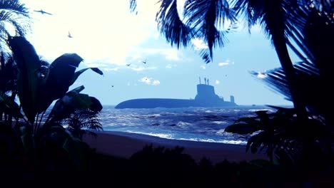 silhouette of a military nuclear submarine near a deserted tropical island. beautiful looped background.