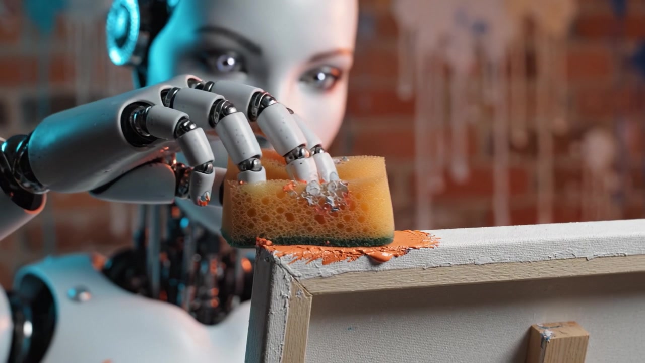 En humanoid robotkunstner påfører maling på et lærred med en svamp, hvilket viser en blanding af teknologi og kreativitet i et levende kunststudie.