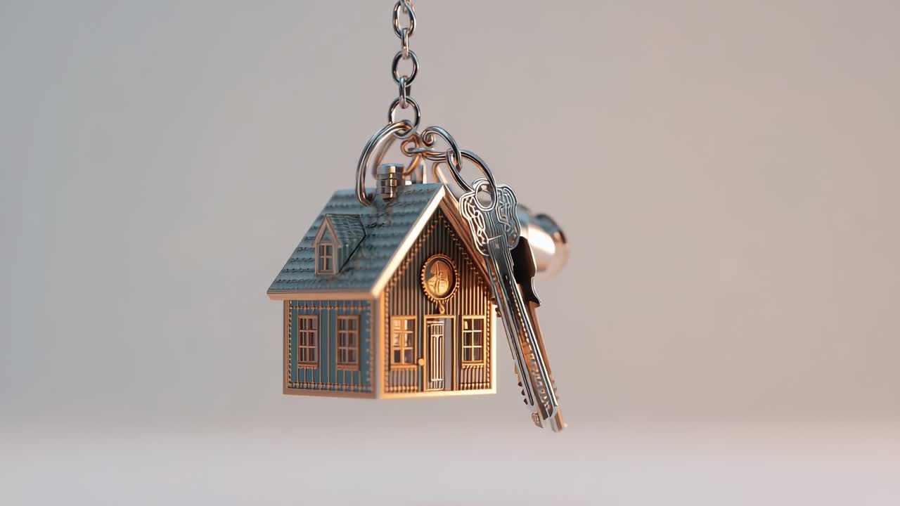 Metal house keychain swinging in studio with pale backdrop after nudge, catching highlights on keys
