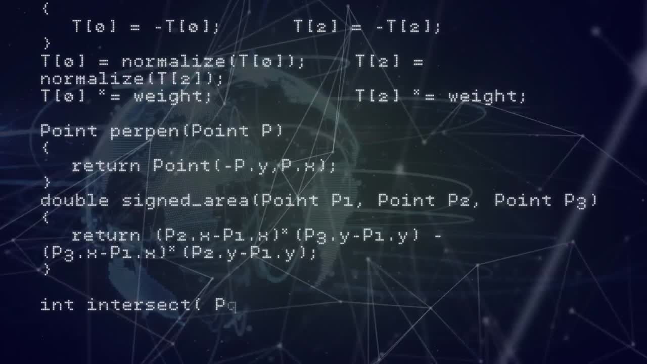 Animation of networks of connections, globe and data processing over black background