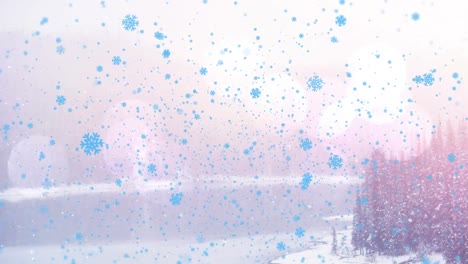 animation of snow falling and spot lights over christmas winter scenery with trees