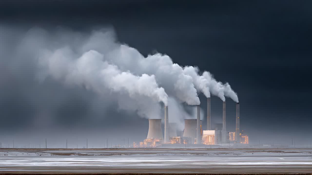 A Majestic Power Plant at Dawn: Witness the Transformative Power of Industry as Steam Billows into the Horizon Against a Darkening Sky