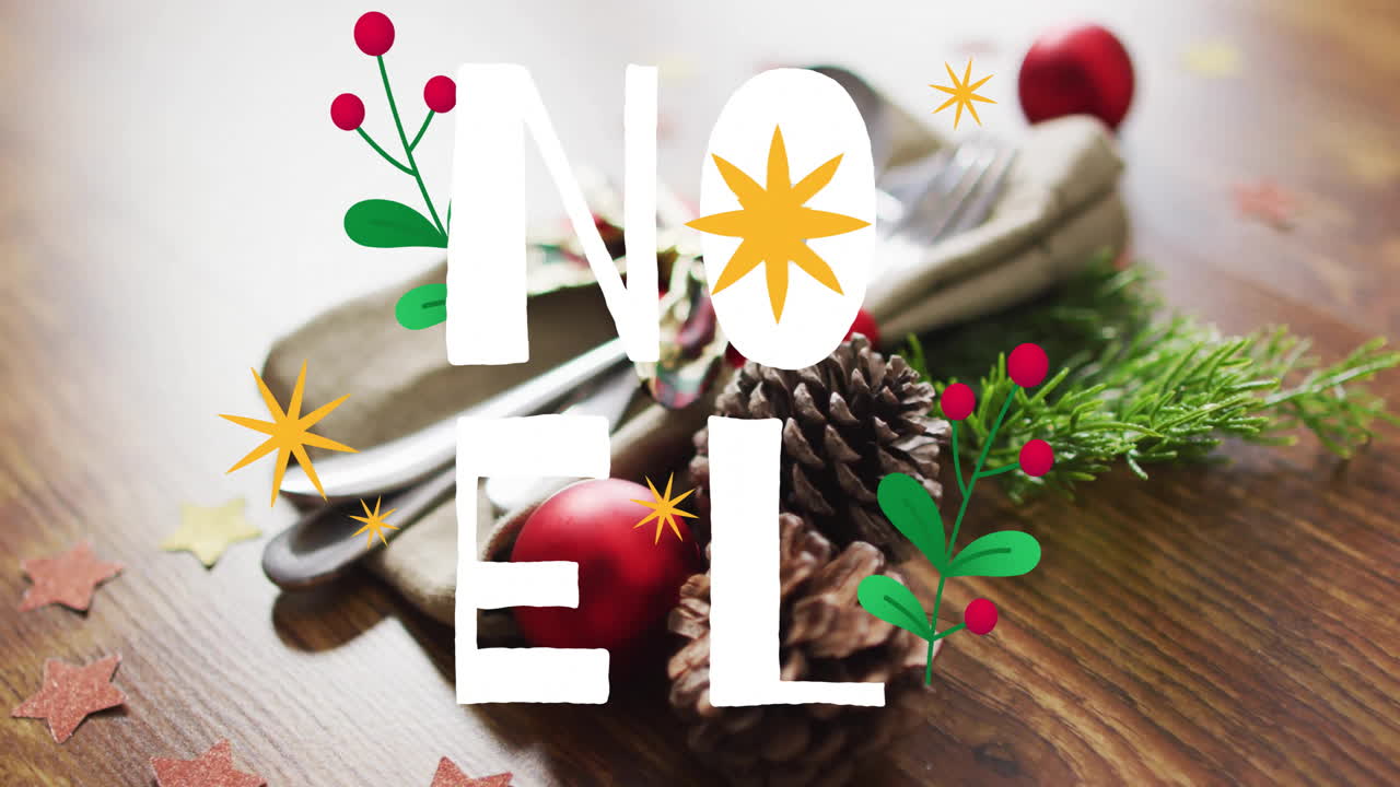 Animation of noel text over christmas decorations