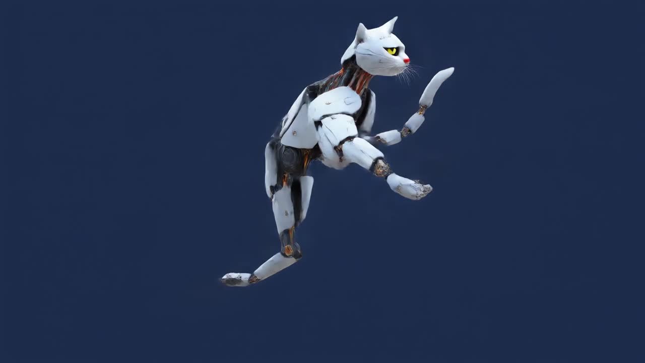 Gatto robotico animato in 3D che salta su sfondo blu.
