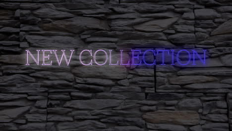 animation of new collection text in pink and blue flashing neon on grey stone background