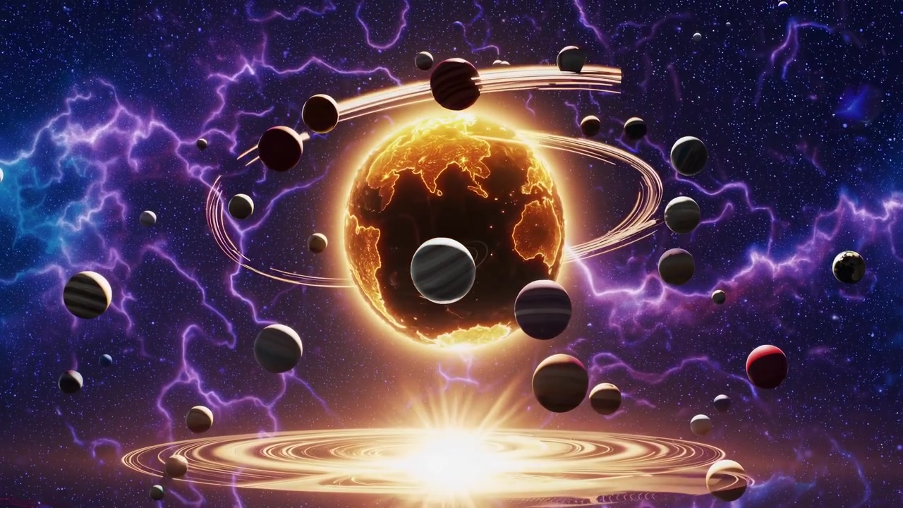 Glowing Earth Planet Surrounded by Orbiting Moons in Deep Space