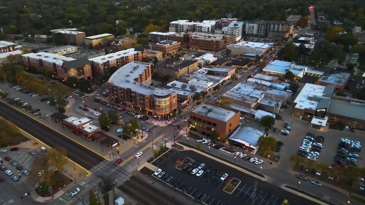 Aerial View of a Suburban Downtown Area at Dusk