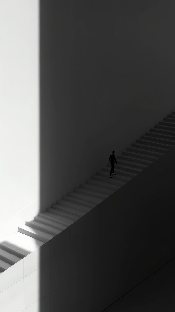 Minimalist video concept with a high-angle view of a lone figure on abstract, shadowed stairs