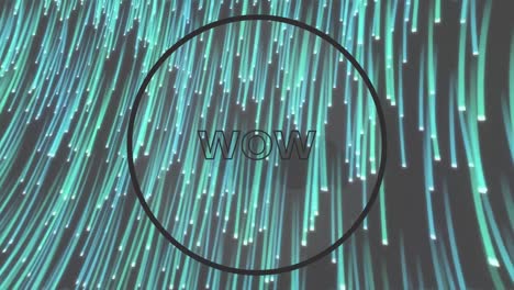 Animation-of-wow-text-in-black-circle-outline-over-green-light-trails-in-background