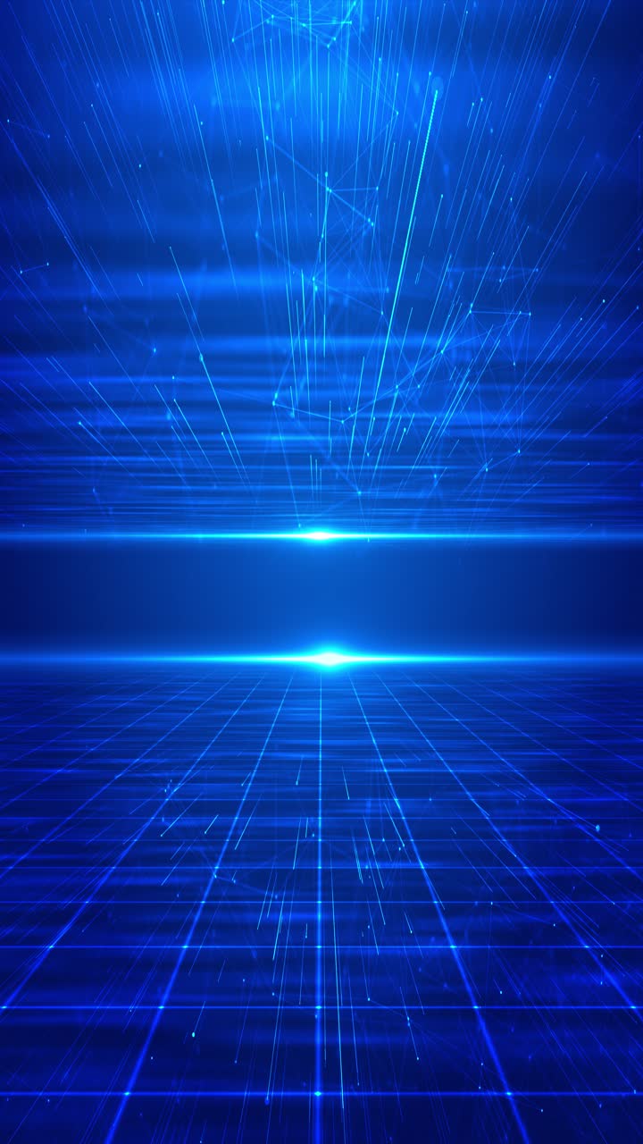 Animazione blu futuristica che mostra un'esplosione centrale di bagliori di luce e una rete a griglia plexus connessa.