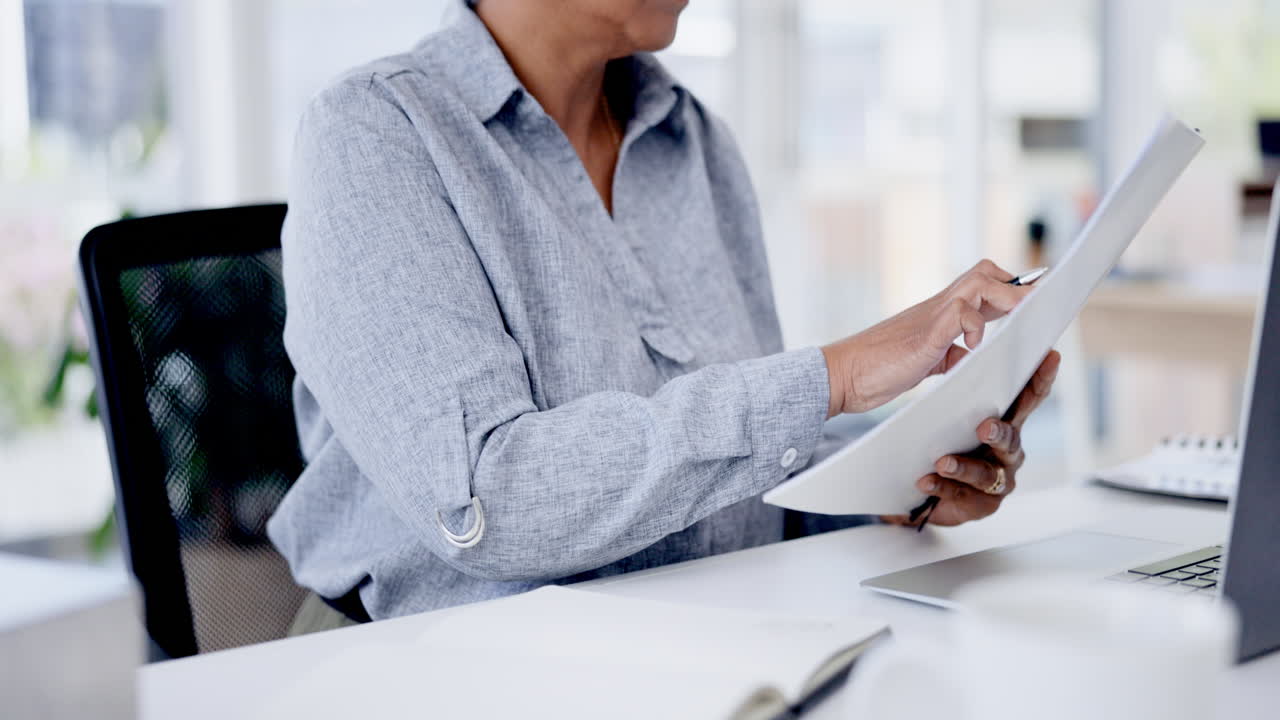 Writing, documents and business woman planning