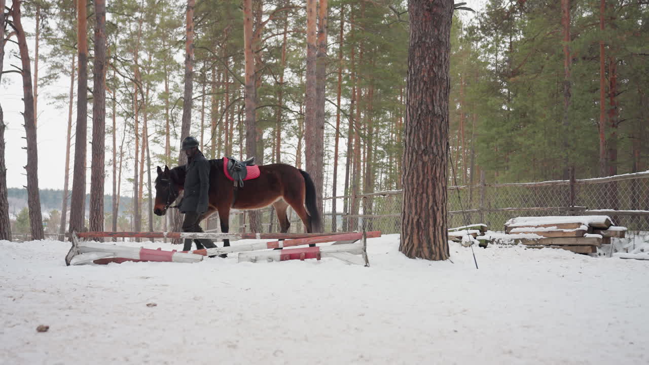 Безмятежный заснеженный сельский пейзаж с мужчиной, едущим на лошади во время тренировки, спокойная зимняя сцена на открытом воздухе, где всадник ведет лошадь по заснеженной сельской местности во время тренировки