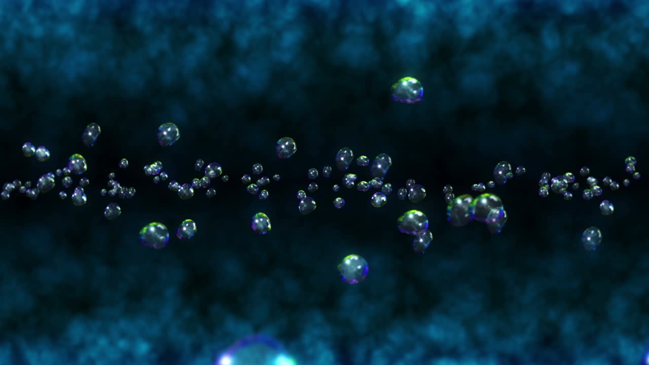 Flying many water drops on black background. Pure droplets. Transparent surface. 3D animation of air bubbles rotating. Loop animation.