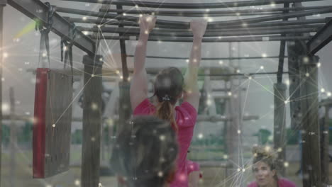 animación de formas sobre mujeres diversas en una carrera de obstáculos colgando
