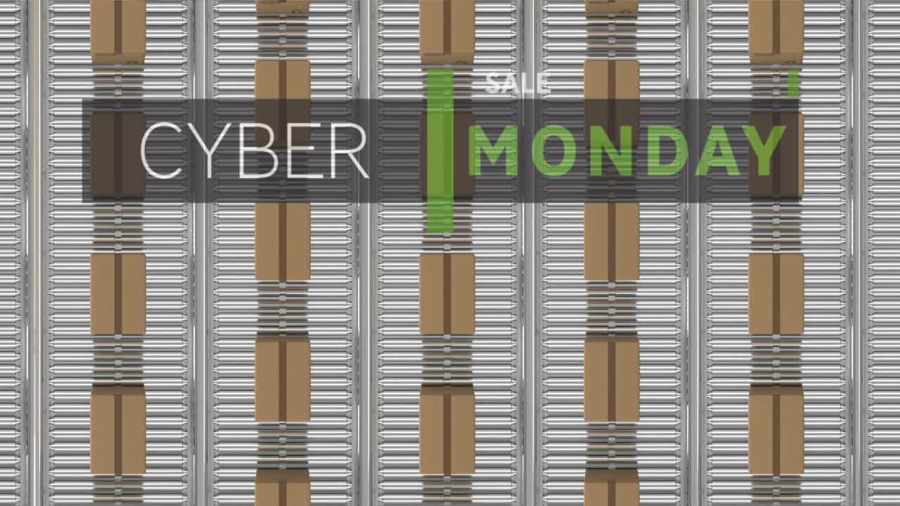 사이버 월요일 판매 텍스트 배너 컨베이어 벨트에 있는 여러 배달 상자의 오버헤드 뷰