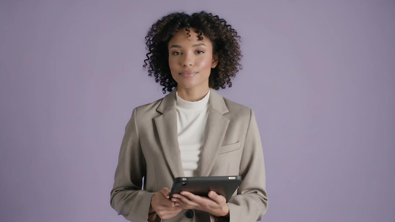 Holding woman in beige blazer white top adjusting tablet in studio, camera zooming, preparing talk
