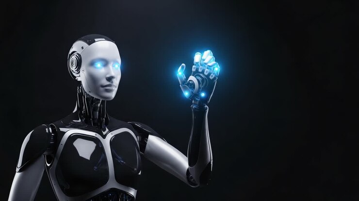 Un robot umanoide futuristico interagisce con l'ambiente circostante, mettendo in mostra tecnologie avanzate attraverso la sua mano reattiva ed elementi blu luminosi su uno sfondo scuro
