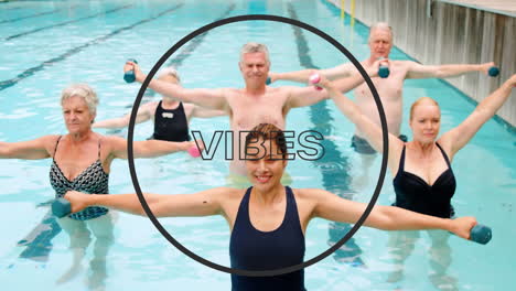 animación de texto de lucha en contorno de círculo negro sobre personas mayores haciendo ejercicio en la piscina