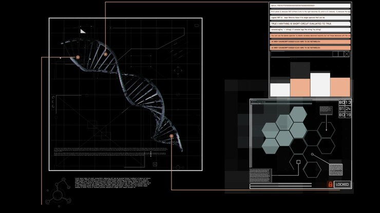 Digital DNA Helix Analysis with Futuristic HUD Interface