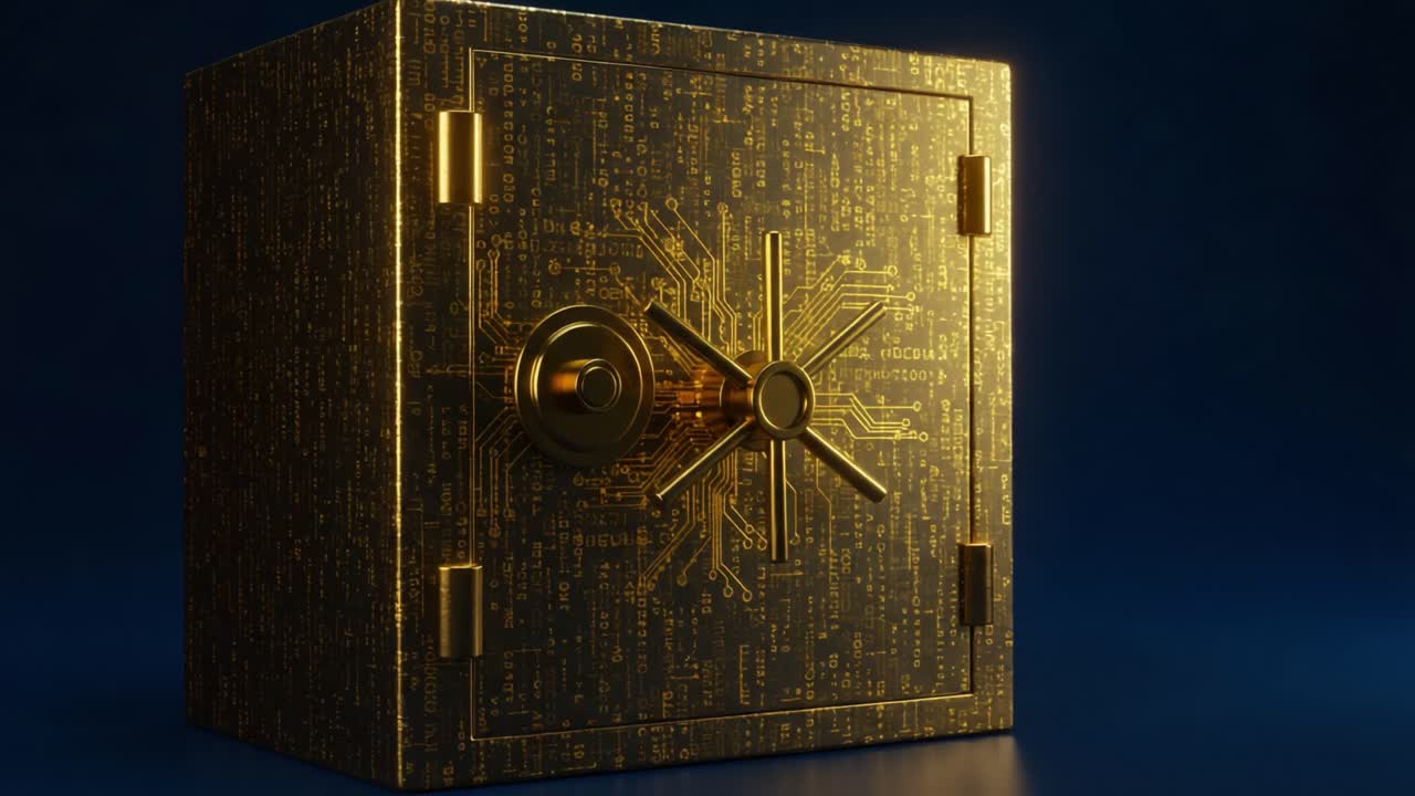 A Stunning Close-Up of a Golden Vault with Intricate Circuit Patterns, Symbolizing Security and Modern Technology in the World of Digital Finance