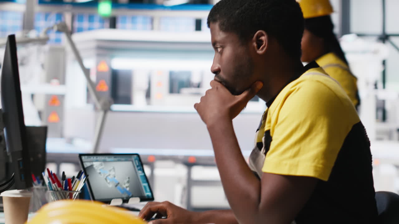 Vertical Video Black engineer works on solar software settings in automated factory
