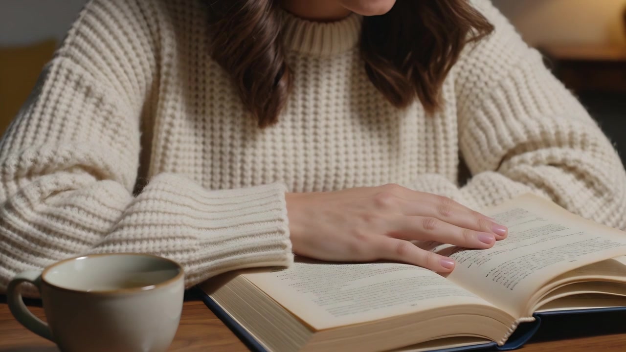 Lettrice in maglia color crema che sta per finire una pagina, sfogliando un libro su un tavolo di legno e allungando la mano verso una tazza per sorseggiare.