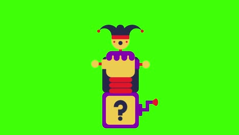 2d animated illustration of a box clown toy with a question mark on a green screen