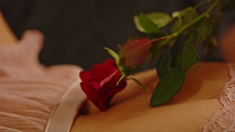 Close-up-of-a-beautiful-red-rose-sensually-caresses-the-slim-belly-of-a-beautiful-woman-dressed-in-sexy-lingerie-lying-in-bed