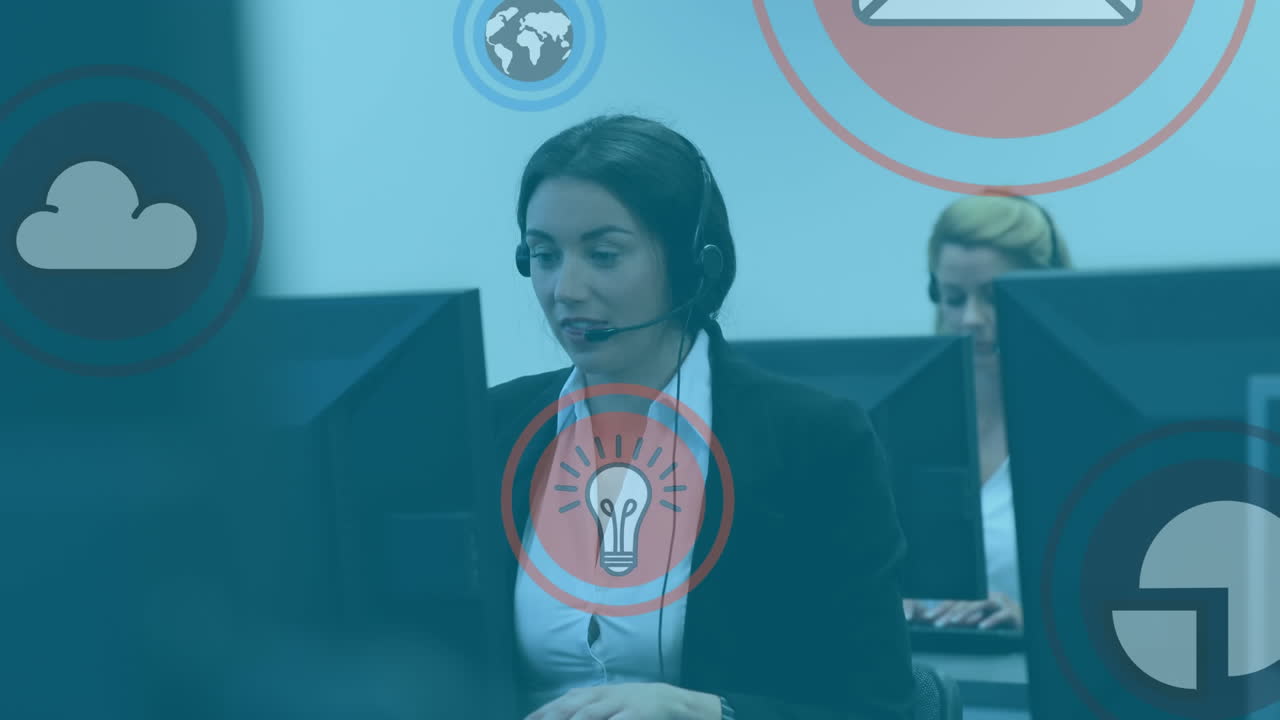 animación de la red de conexiones con iconos sobre personas de negocios que usan auriculares telefónicos