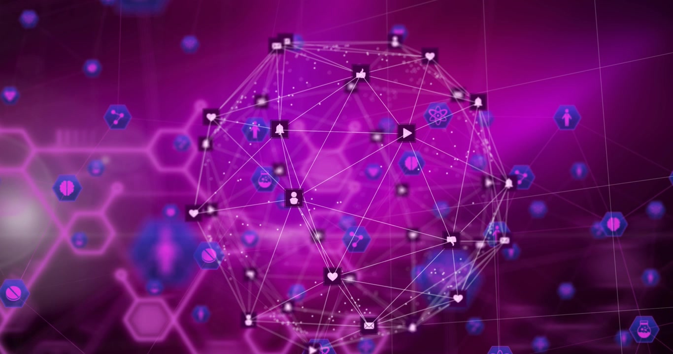 Globe of digital icons spinning over chemical structure against purple background