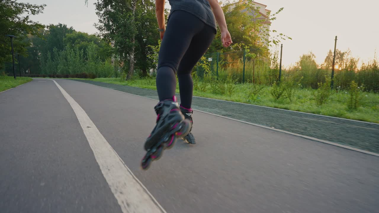 공원 에서 롤러 스케이트 를 타고 있는 여자