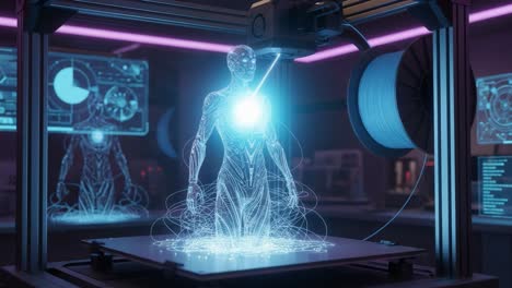 a stunning glimpse into futuristic technology showcasing a holographic humanoid figure being synthesized in a high-tech laboratory filled with advanced machinery and data displays