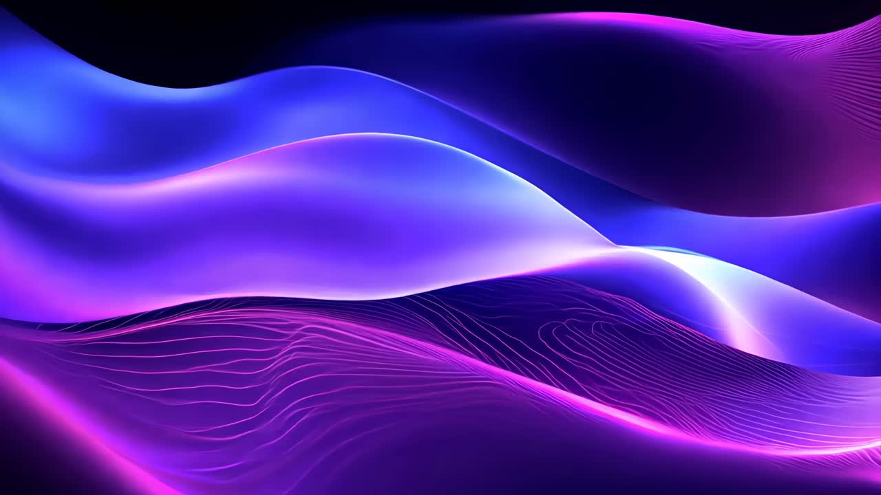 Abstract video of flowing purple and blue waves, captured from a low angle, creating a dynamic