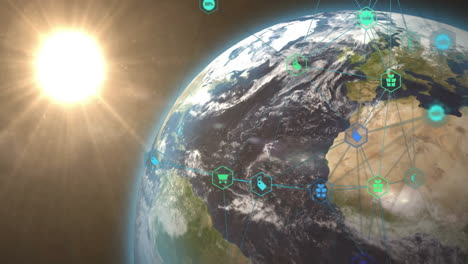 animation of network of connections with icons over globe