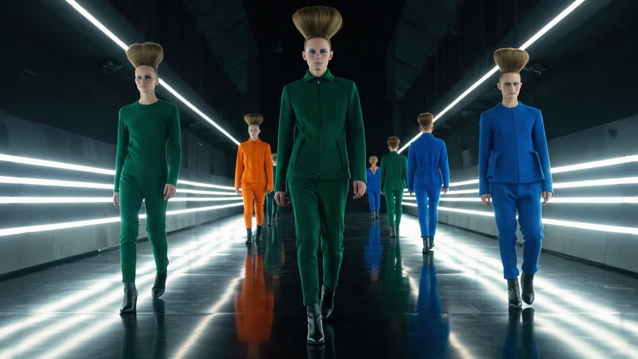 A Dynamic Display of Futuristic Fashion with Colorful Outfits and Unique Hairstyles Paving a Striking Path Through a Modern Lighted Corridor