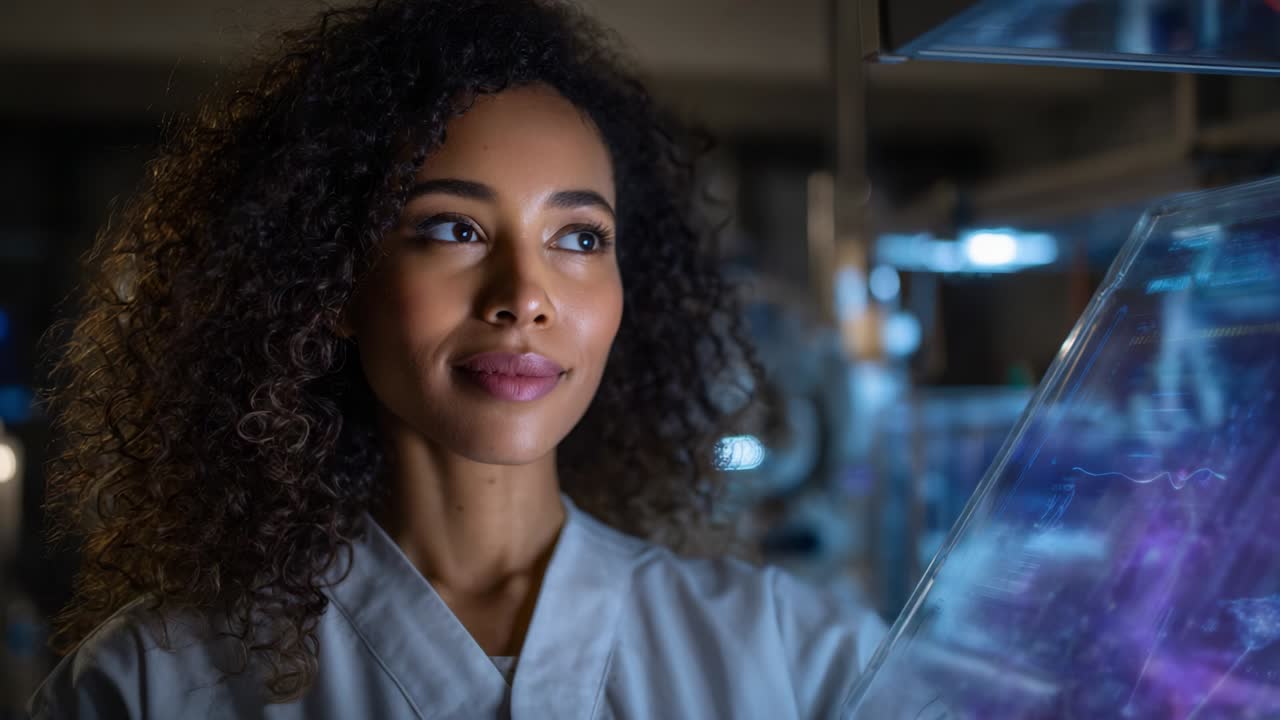 A focused young professional in a laboratory setting analyzing advanced digital displays with curiosity and determination, showcasing the future of science and innovation in research and technology