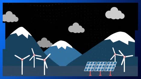 Animation-of-windmills,-solar-panels-and-mountains,-with-blue-and-white-lines-passing,-on-black-sky