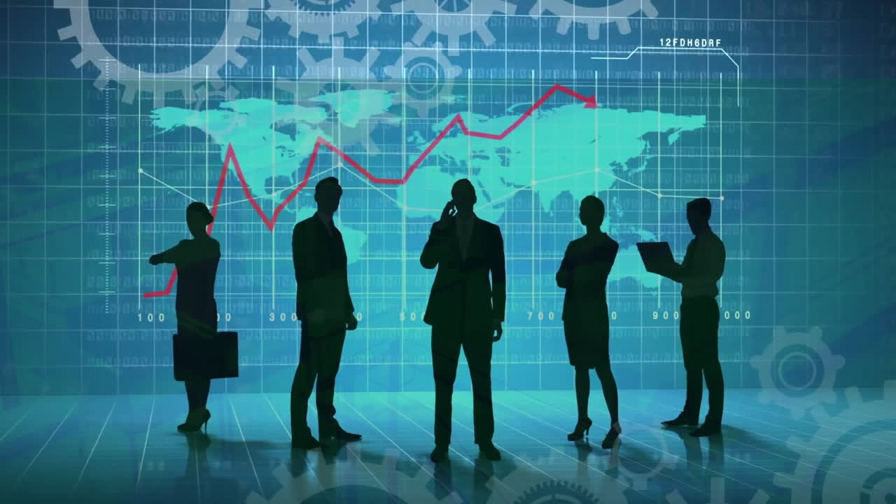 Animation of digital data processing and world map with businesspeople over screen