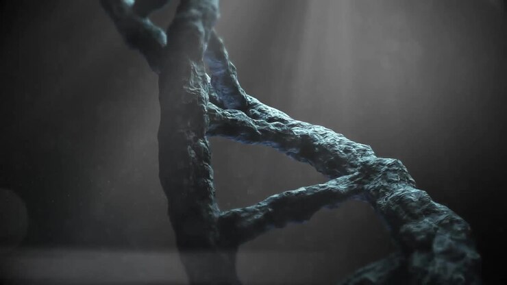 Animazione di un filamento di DNA che ruota su sfondo grigio.