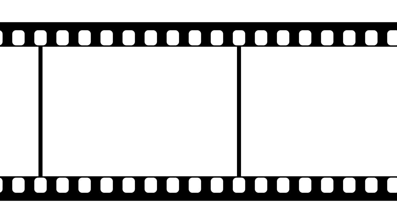 색 바탕에서 움직이는 35mm 필름 스트립, 화이트 스크린에서 원활하게 루프 가능한 비디오 영상, 추상적인 필름 스트림 디자인 템플릿