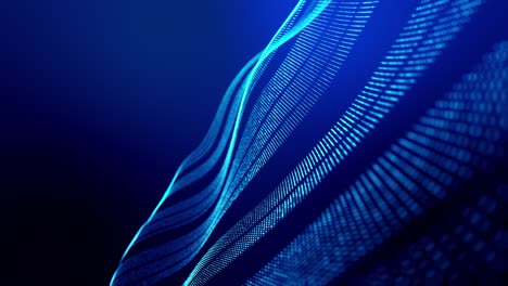 4k looped abstract background of glow particles form lines, surfaces as futuristic landscape in cyberspace or hologram. sci-fi theme of microworld, nanotechnology or cosmic space. blue stripes 4