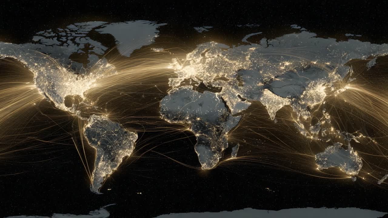 A Stunning Visualization of Global Connectivity: A World Map Illuminated by Light Patterns Demonstrating the Interconnectedness of Urban Areas Across Continents