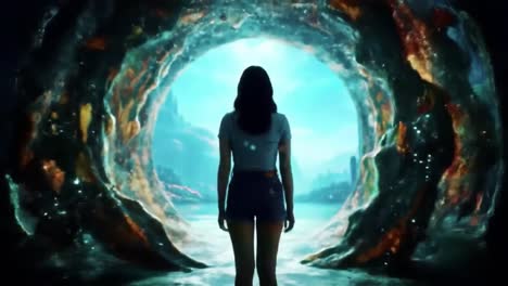 woman entering a mysterious portal