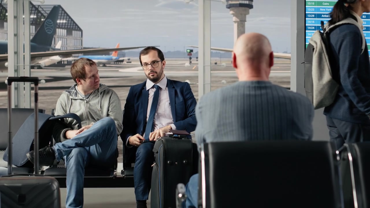 Biznesmen siedzący w terminalu lotniska, pracujący na laptopie