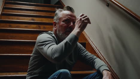 distressed man sitting on staircase