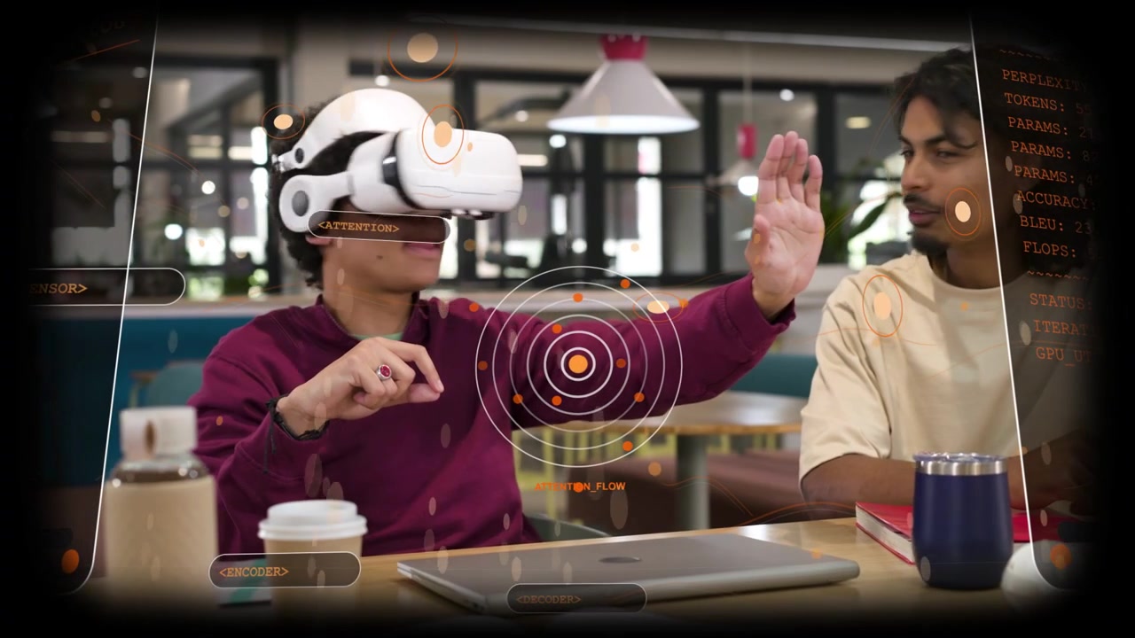Utente di visore VR che allunga la mano, gesticolando in un caffè, anelli HUD che rispondono ai gesti per un'interfaccia utente (UI) per l'istruzione.